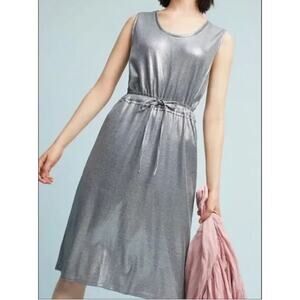 DOLAN | Anthropologie Metallic Silver Ribbed Cinch Waist Midi Dress | Large
